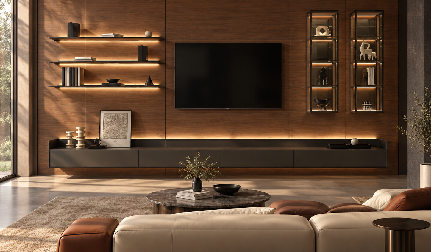 A modern living room with a wall-mounted television, illuminated open shelving, two glass display cabinets, and a long low console above a stone coffee table and a sofa.
