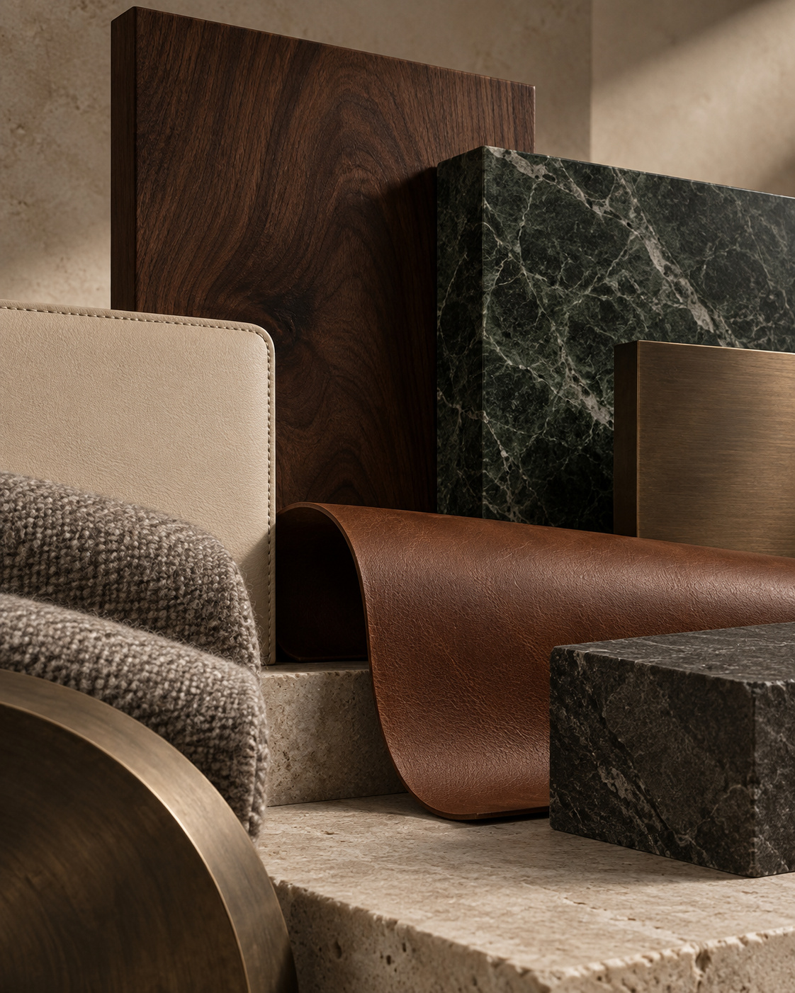 A collection of material samples featuring wood, green and grey stone, brass, tan leather, cream upholstery, and textured fabric.