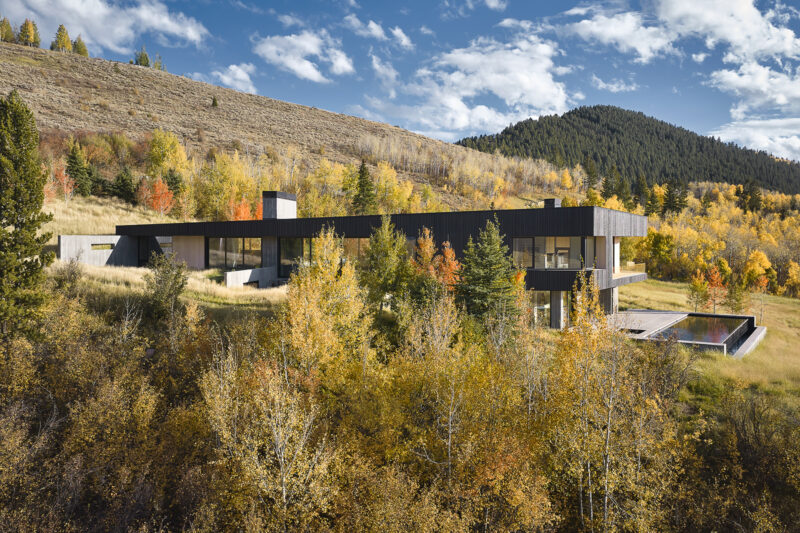 Modern dark-paneled house with floor-to-ceiling windows and a rectangular pool, nestled on a hillside among autumn trees.