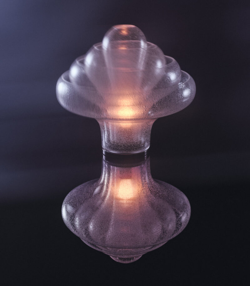 A translucent, scalloped Gubi Lotus lamp glowing from within, shown with its reflection on a dark surface.