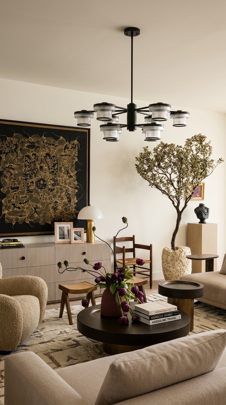 Living room featuring a tiered chandelier, a large black and gold artwork, a sideboard, and a coffee table with a vase of purple tulips.