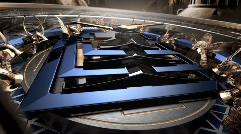Close-up of a Roger Dubuis Excalibur movement featuring layered blue and black geometric plates surrounded by ornate, gold-toned sculptural details.