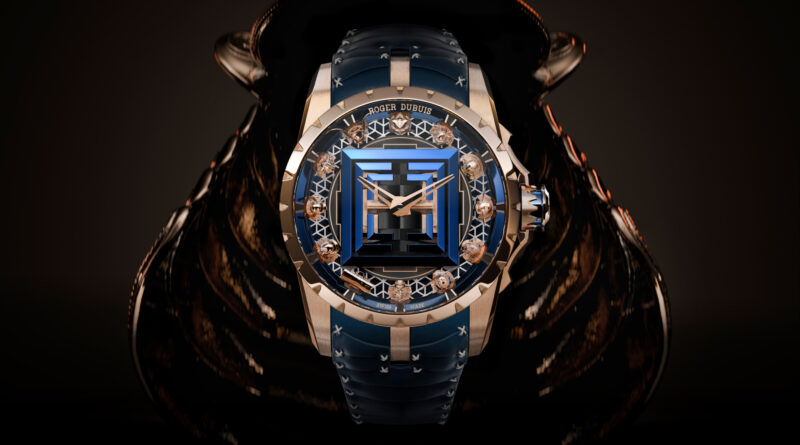 Roger Dubuis Excalibur The Kabuto Legacy watch with a rose gold case, blue leather strap, and a square blue dial featuring skeletonized details and small gold sculptures.
